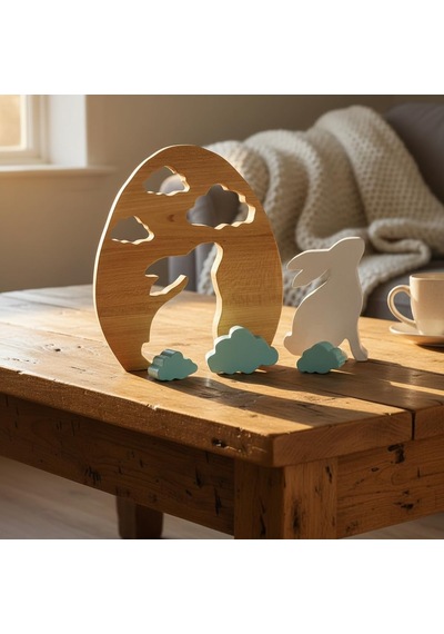 Simdale Wood Ahşap Tavşan Ve Mavi Bulutlar - Montessori Bebek Odası Raf Dekoru & Oyuncak