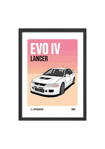 Mitsubishi Lancer Evo Iv Siyah Ahşap Çerçeveli Poster, Dekoratif Araba Duvar Tablosu