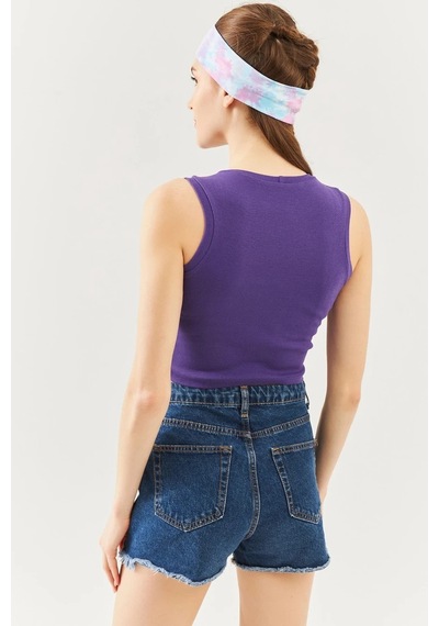 Butikgiz Kadın Sıfır Kol Bisiklet Yaka Vücuda Oturan %100 Pamuklu Kaşkorse Esnek Crop Bluz Mor