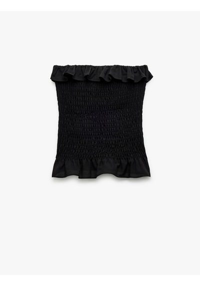 Koton Pamuklu Fırfırlı Gipeli Straplez Yaka Kolsuz Crop Bluz Siyah 5sal30048ıw Siyah