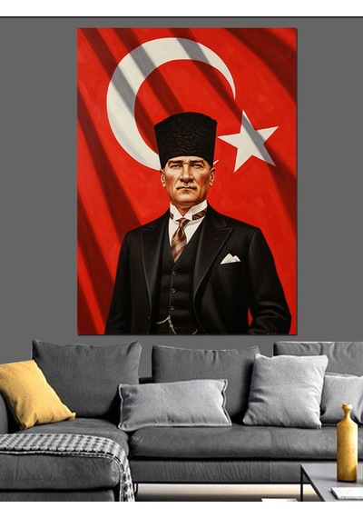 Ahşap Tablo Bayrak Önünde Atatürk Resmi