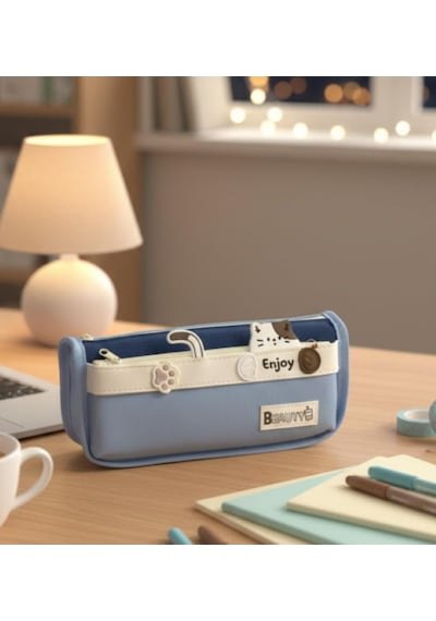 Kawaii Kore Tarzı Sevimli Figürlü Çok Amaçlı Kalem Çantası, Mavi Genel