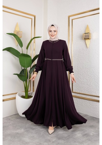 Nevayla Moda Yaka Ve Bel Nakış Detaylı Ferace - Mürdüm / F0143 Mürdüm