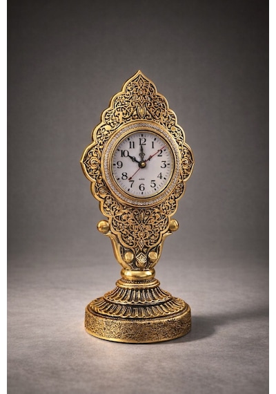 Nostaljik Vintage Taş İşlemeli Kabartmalı Lüks Altın Renk Dekoratif Salon Ve Ofis Masa Saati 29 Cm Gold