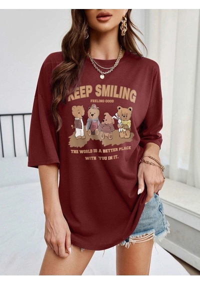Flood Of Style Kadın Bordo Keep Smılıng Baskılı Oversize Bisiklet Yaka Tişört Flood Of Style Kadın Bordo Keep Smılıng Baskılı Oversize Bisiklet Yaka Tişört