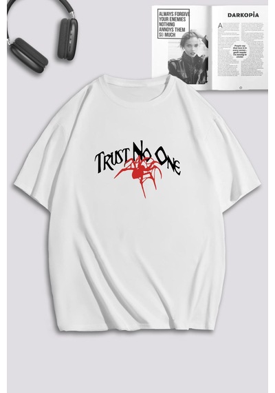 Unisex Kadın Erkek Trust No One Spider Özel Tasarım Baskılı Oversize T-shirt Beyaz Mck0078 Beyaz