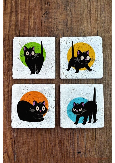 Doğal Taş Bardak Altlığı 4'lü Set 10x10x1 Cm Şaşkın Kedi Desenleri -stone Coasters Çok Renkli
