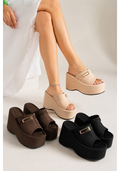 Dabab Shoes Lunara Kadın 3'lü Paket Tokalı 10 Cm Platform Topuklu Kalın Taban Terlik Sandalet Bej - Kahve - Siyah