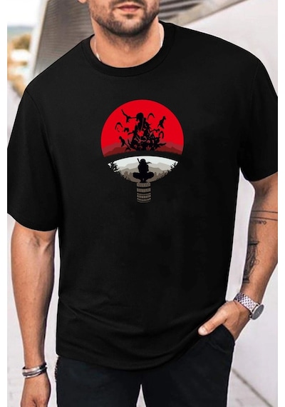 Unisex Itachi Uchiha Baskılı T-shirt Siyah