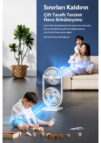 Exenar - Siyah - Çift Başlıklı Masaüstü Fan Brushless Motor 10w Güçlü Vantilatör Ayarlanabilir Başlık 2400 Mah Şarjlı