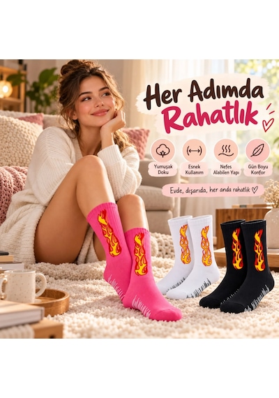 Womanandkids Wak Unisex Alev Desenli Çorap 3'lü Set Pamuklu Uzun Soket Dikişsiz Nefes Alan Günlük Spor Çorabı Yum Çok  Renkli