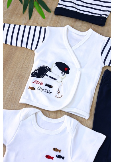 Sitilin Erkek Bebek 10'lu Hastane Çıkışı Seti Yenidoğan Hediyesi Denizci Ayıcık Desenli Zıbın Stl7307 Beyaz
