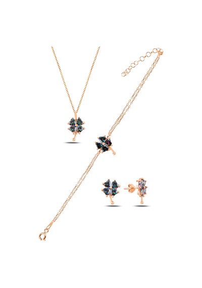 Çekirdekjewelry 925 Ayar Gümüş Rose Taşlı Yonca Kolye Bileklik Küpe Seti Pembe