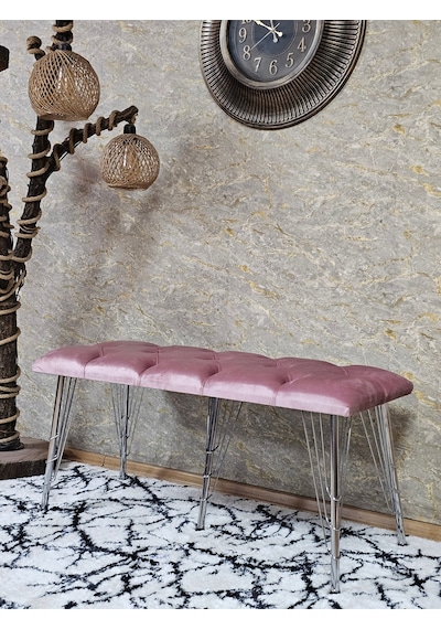 Zafir Metal Krom Tel Ayaklı 100 Cm Puf Bench - Puf - Bench - Oturak - Mutfak Oturağı - Antre Oturağı Pembe