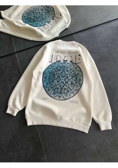 İkales Üç İplik Bisiklet Yaka Baskılı Sweatshirt - Beyaz