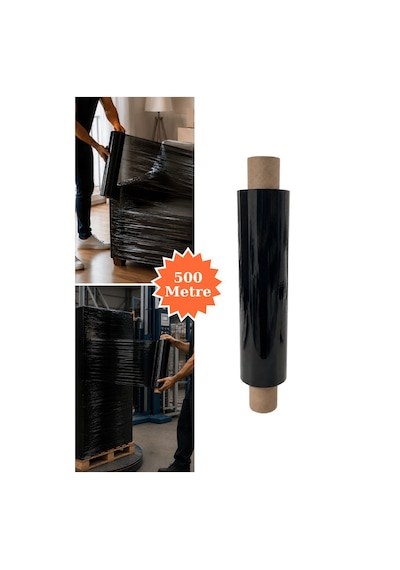 El Tipi Siyah Streç Film Mobilya Eşya Koli Palet Paket Taşıma Sarma Koruma 40 Cm X 500 M 17 Mikron