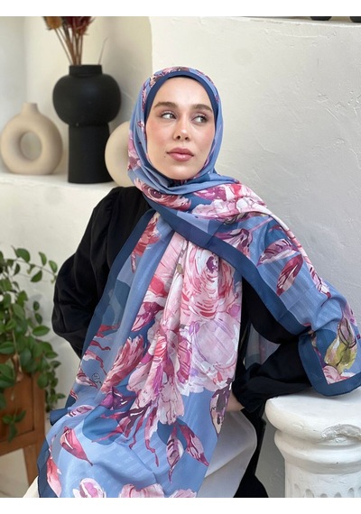 Moda Kaşmir Açelya Desen Çizgili Bambu Şal Lacivert-Mavi