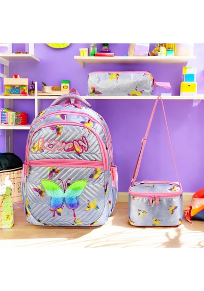 Kız İlkokul Ortopedik 3'lü Set Kalemlik Beslenme Çanta Model 12