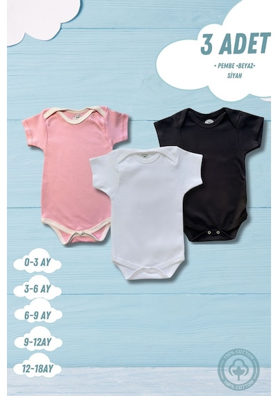 Betül Bebek Kısa Kollu 3'lü Organik Pamuk Çıtçıtlı Bebek Body&zıbın Pembe,beyaz,siyah Çok Renkli