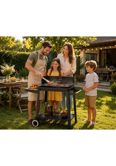 Tekerlekli Kömürlü Barbekü Mangal 83x40,5x86,3 Cm Bambu Yan Masalı, Krom Izgaralı, Bahçe Ve Balkon İçin Siyah
