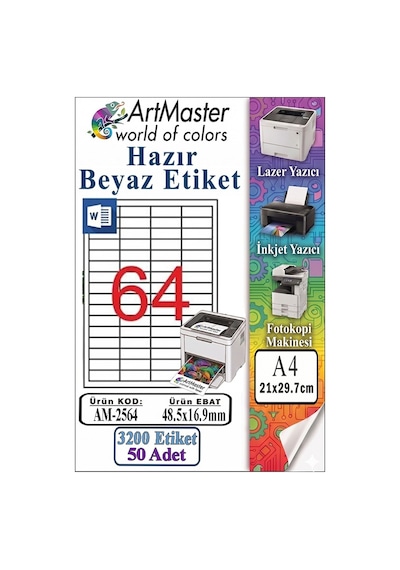 A4 Hazır Beyaz Etiket 48.5x16.9mm 50 Sayfa 1 Paket 64 Lü Kendinden Yapışkanlı Fotokopi Lazer İnkjet Kağıdı Yazıcılar