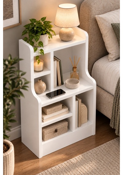 Sulorahome Komodin Raflı Kitaplık Çok Bölmeli Beyaz Yan Sehpa Organizer