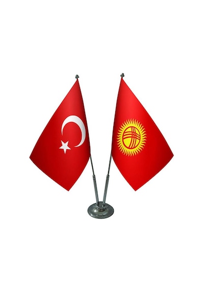 Masa Üstü Kırgızistan Bayrağı Türk Bayrağı İkili Krom Direk Masa