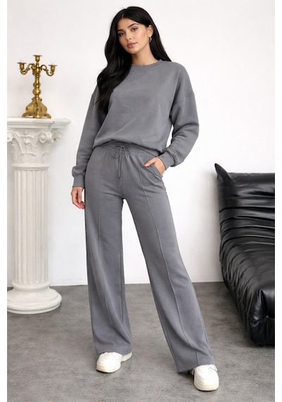 Balenbi Oversize Bisiklet Yaka Basic Modal Kadın Takım 1206 - Form Serisi Gri