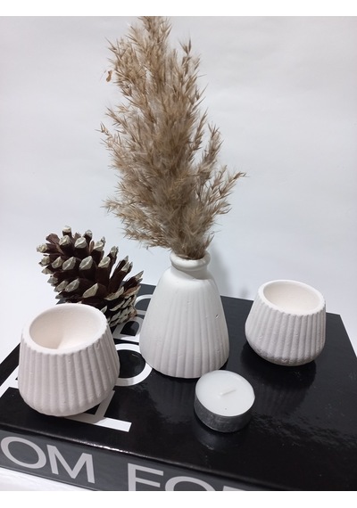 Pampas Vazolu Tabaklı İkili Tealight Mumluk Set Beyaz