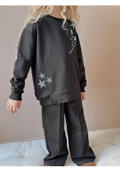 Miniko Kids Kız Çocuk Yıldız Taşlı 2li Pamuk Takım Siyah