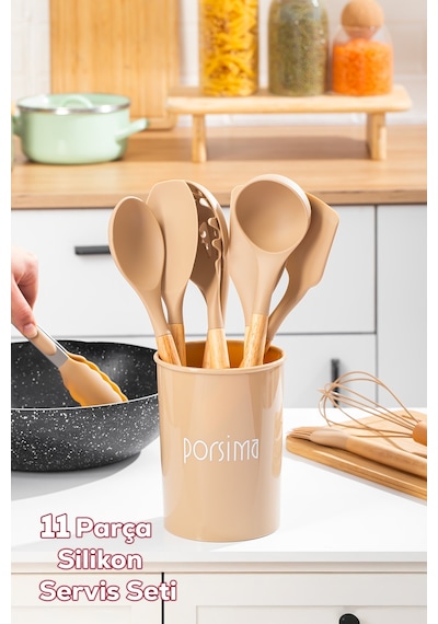 Porsima 3164 Standlı Bambu Silikon 11 Parça Servis Takımı Seti Kapicino