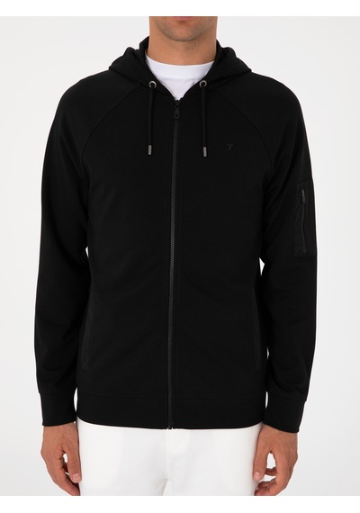 Siyah Regular Fit Tam Fermuarlı Kapüşonlu Sweatshirt