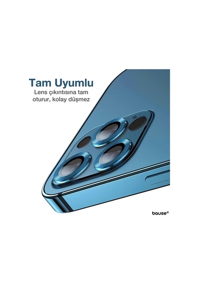 Apple Uyumlu   iPhone 14 Pro Max Kamera Koruyucu Lens Mercek Metal Çerçeveli 3lü Set Mavi Blue