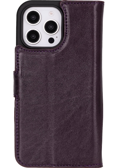 Bloomcase Apple Uyumlu iPhone 16 Pro Max Burgundy Hakiki Deri Cüzdanlı Telefon Kılıfı Mor