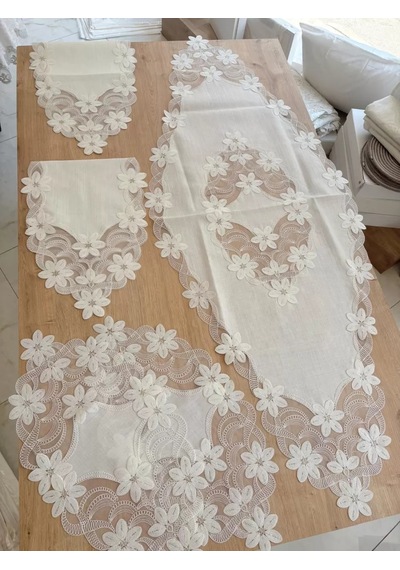 Salon Takımı Çeyizlik Runner Set 5 Parça Keten Masa Örtüsü Runneri Lüx Evita Diğer