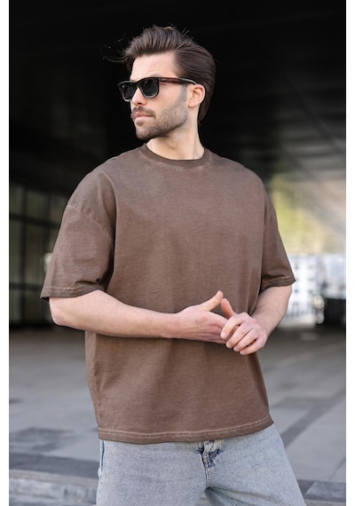 Madmext Kahverengi %100 Pamuklu Bisiklet Yaka Oversize Erkek Tişört E7177 Kahverengi