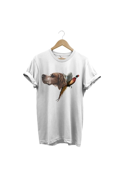 Avcılık Av Desenli Av Köpeği Ve Av Sülün Kuşu Baskılı %100 Pamuk Premium Regular Fit Beyaz T-shirt Beyaz