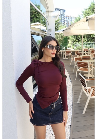Kechi Woman Omuz Bağlamalı Asimetrik Kesim Bluz Bordo