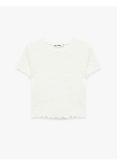 Koton Slim Fit Kısa Kollu Dokulu Bisiklet Yaka Crop Tişört Ekru 6sal10010ık Ekru
