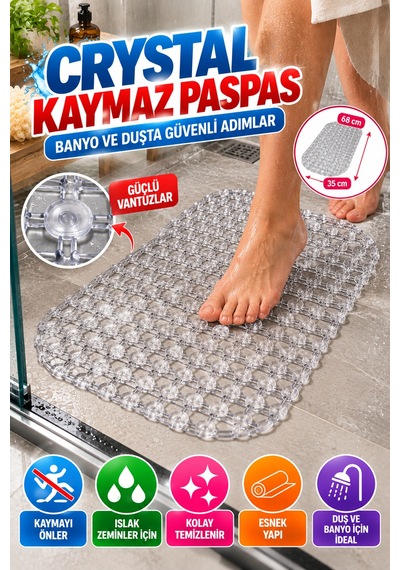 Crystal Kaymaz Vantuzlu Banyo Paspası Şeffaf 68x35 Cm Islak Zemin Kaydırmaz Küvet Duşakabin Pvc Matı