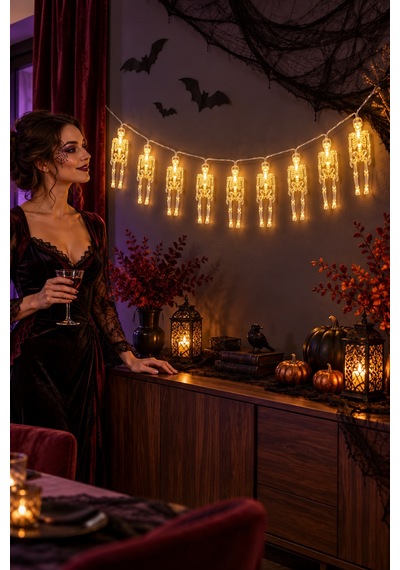 Halloween 2 Metre 9 Adet 12 Cm İskeletli Sarı Led Işıklı Pilli Cadılar Bayramı Asma Parti Dekoru Renkli