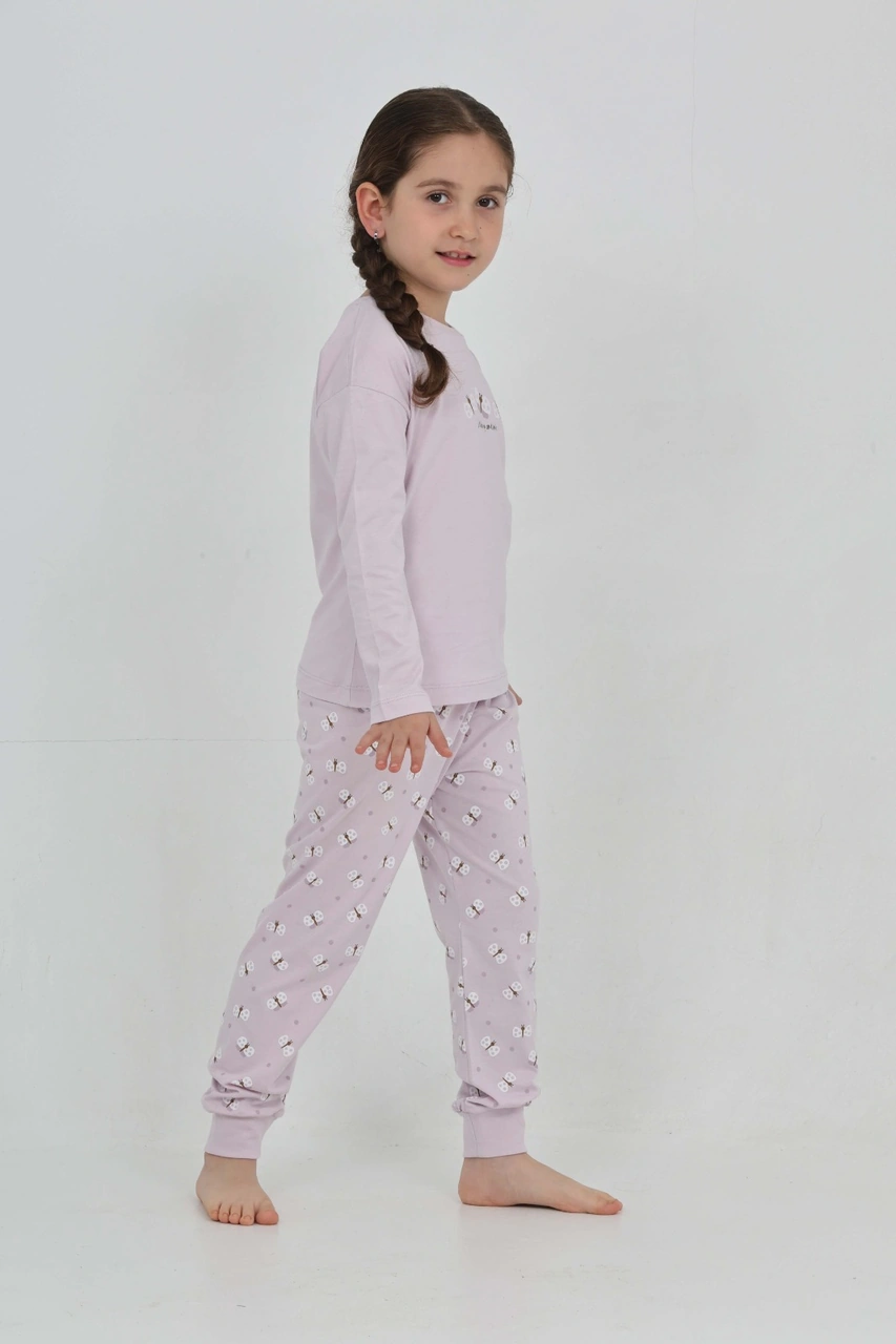 Toontoy Kız Çocuk Kelebek Baskılı Pijama Takım Lila