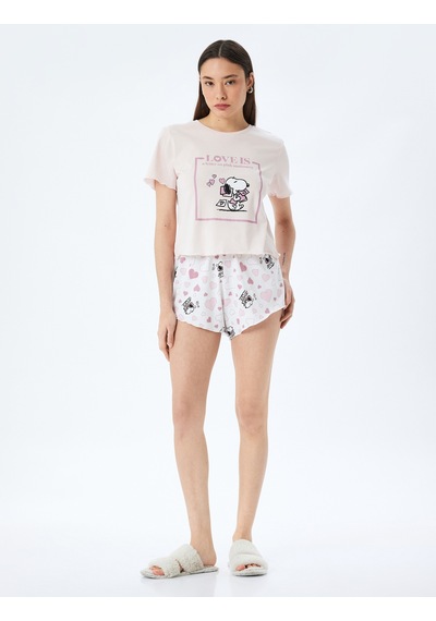 Koton Pamuklu Lisanslı Snoopy Baskılı Kısa Kollu Şortlu Pijama Takımı Pembe 5slk40083mk Gül