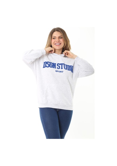 Şans Kadın Büyük Beden Gri İçi Şardonlu 3 İplik Nakış Detaylı Kapşonlu Sweatshirt 65n37126-gri Gri