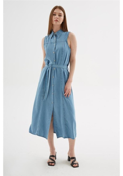 Denim Gömlek Elbise Mavi Mavi