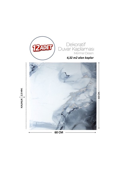 60x60 Cm Kendinden Yapışkanlı Duvar,banyo,tezgah Arası Gri-mavi Mermer-12 Adet 8039-60-12