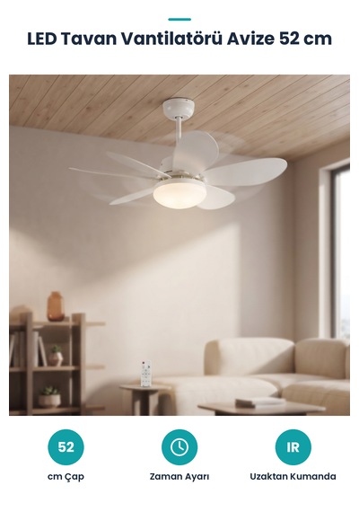 Zaman Ayarlı Led Avizeli Tavan Vantilatörü 52 Cm - Uzatma Duy Aparatlı