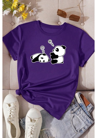Unisex Uykucu Panda Baskılı Tasarım Tshirt Mor