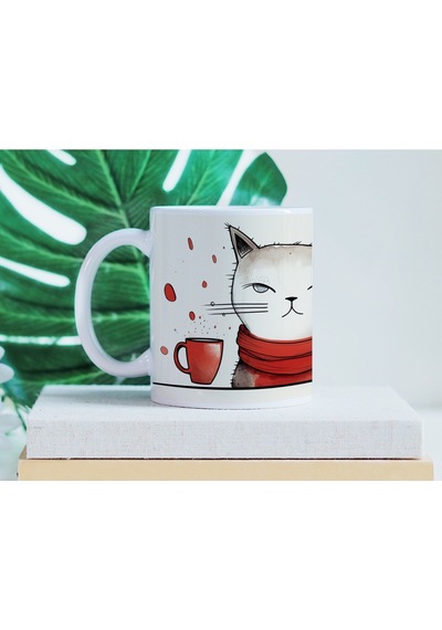 Kedi Figürlü Kupa Bardak - Sevimli Hayvan Severlere Hediye Fikir - 11 Oz Beyaz