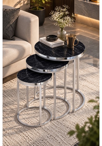 Sulorahome Siyah Mermer Desenli Gümüş Metal Ayaklı 3'lü Zigon Sehpa Takımı